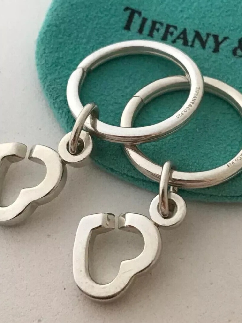 Tiffany & Co. Sterling Silver 2 Open Heart Tag Charm Keychain Key Ring